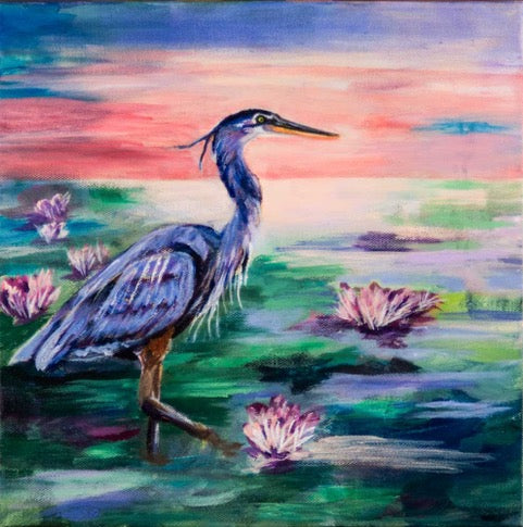 "Blue Heron Sunrise" - Oil Painting (12"x12")
